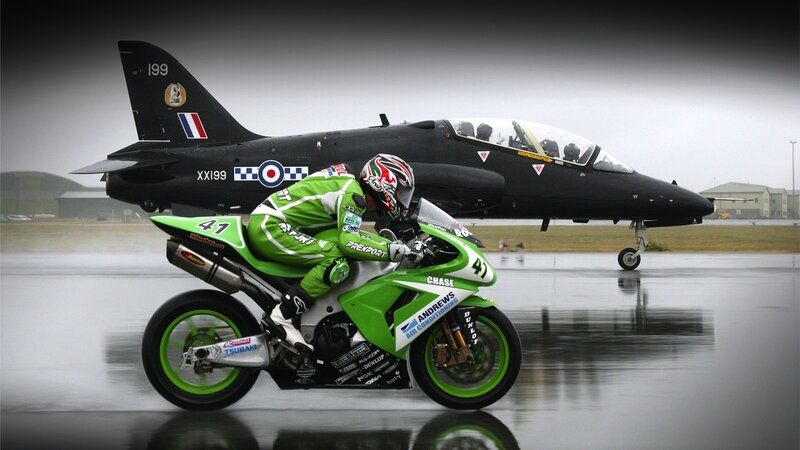 Motorcycle racer with jet aircraft