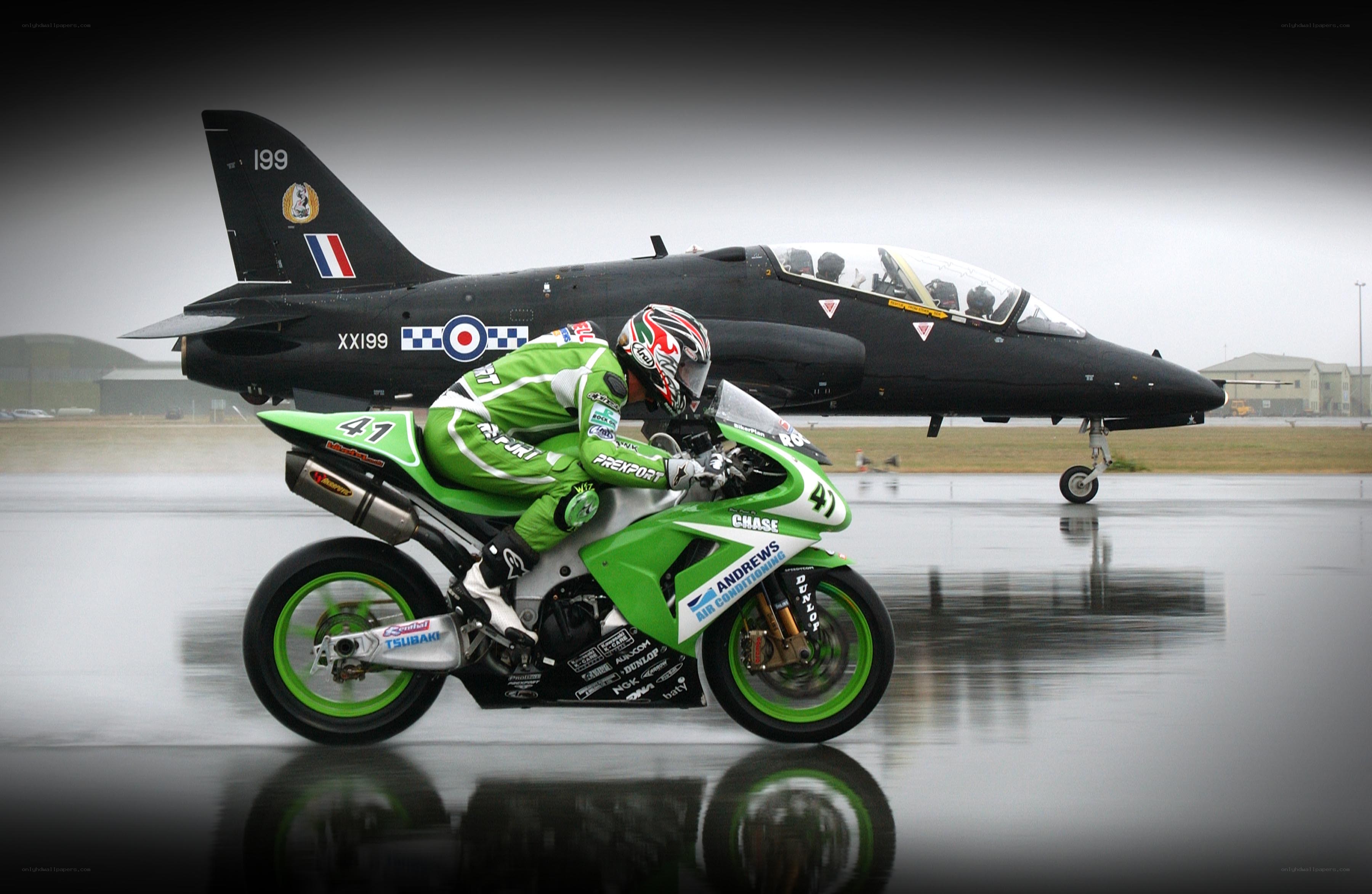 motorcycle racer with jet aircraft