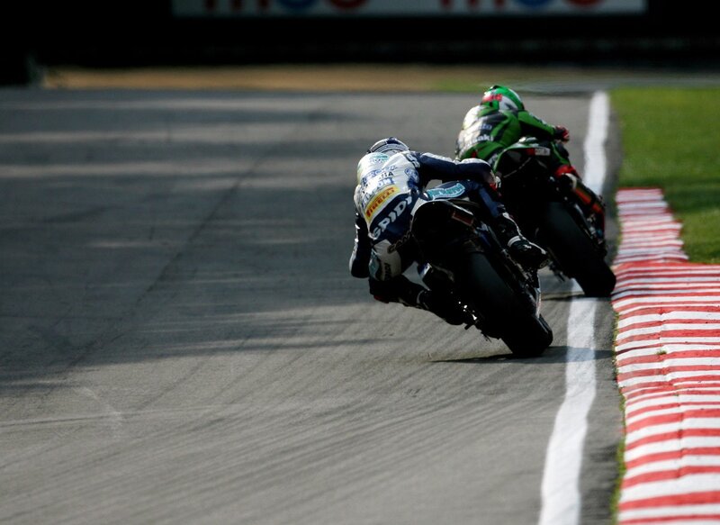 Motorcycle Racers on Track — Gray, Dynamic, Afternoon, Photograph, Racetrack, Grass