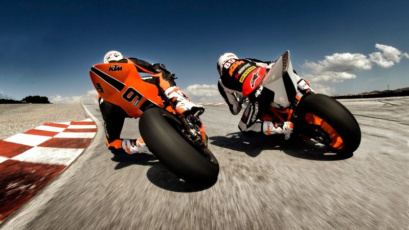 Motorcycle Racers on Track — Orange, Dynamic, Afternoon, Photograph, Racetrack, Sky, Clouds