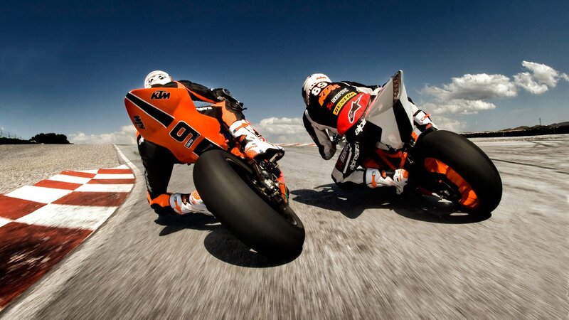 Motorcycle Racers on Track — Orange, Dynamic, Afternoon