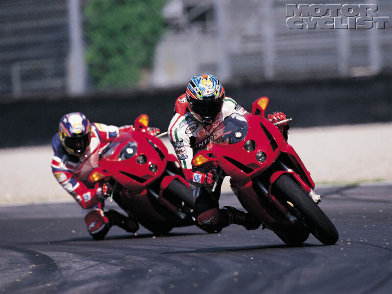 Motorcycle Racers on Track — Red, Dynamic, Afternoon, Photograph, Racing Bikes, Helmets