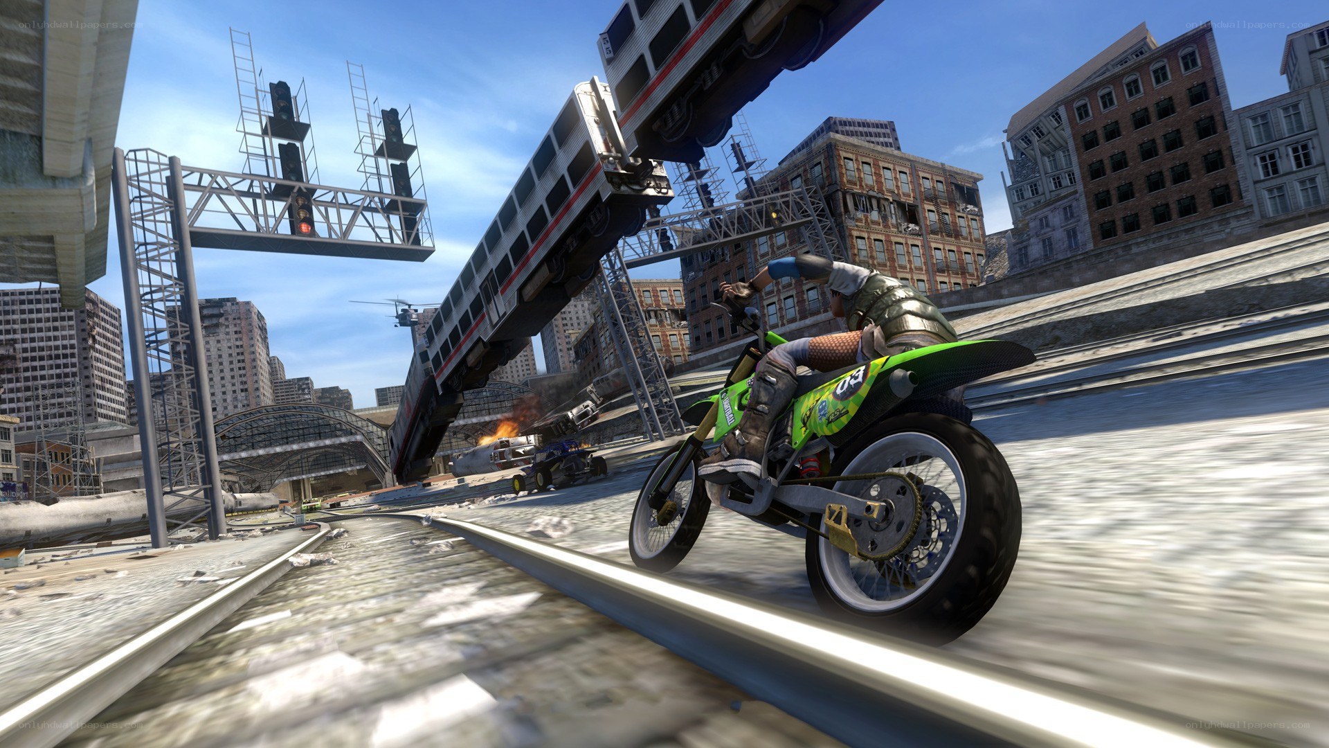 motorcycle racing in a city