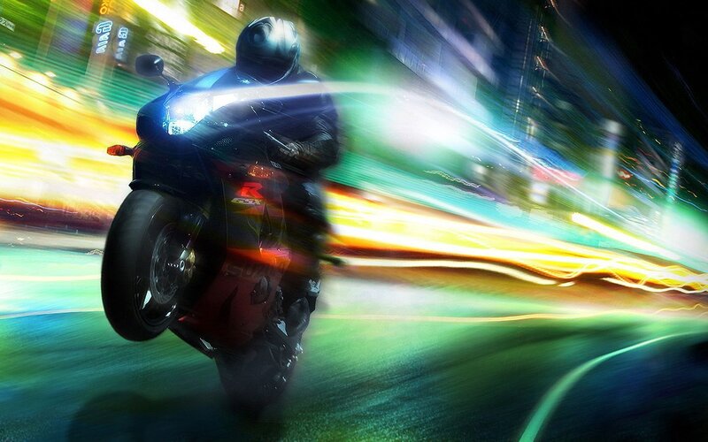 Motorcycle Rider at Night — Green