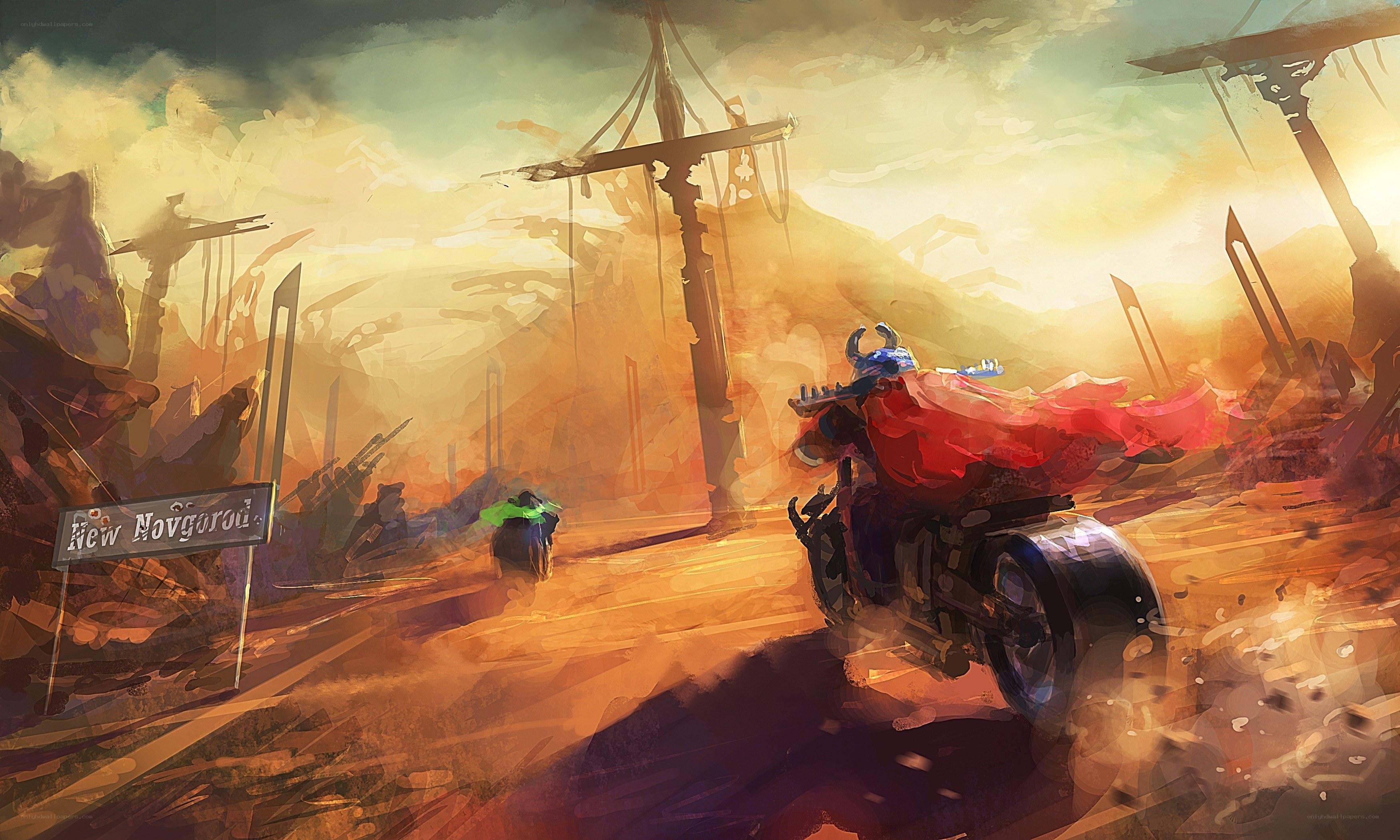 Motorcycle rider in a post-apocalyptic world