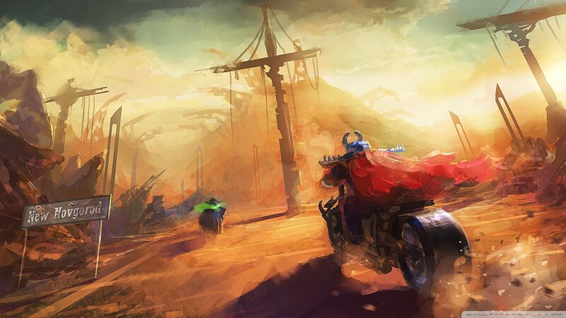 Motorcycle Rider in Desert — Orange, Dramatic, Sunset