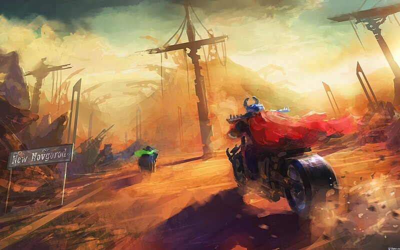 Motorcycle Rider in Desert — Orange, Dramatic