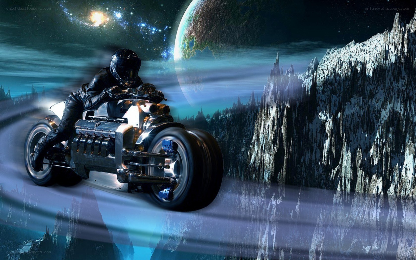 motorcycle rider on alien planet
