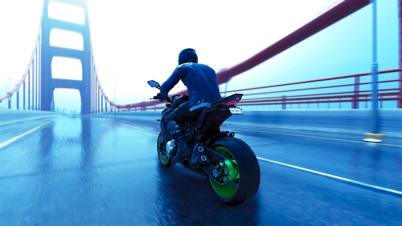 Motorcycle Rider on Bridge — Blue