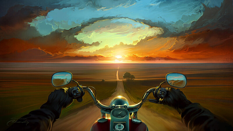 Motorcycle Rider on Road — Orange, Dramatic, Sunset, Digital Art, Clouds