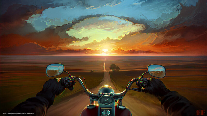 Motorcycle Rider on Road — Orange, Dramatic, Sunset, Digital Art