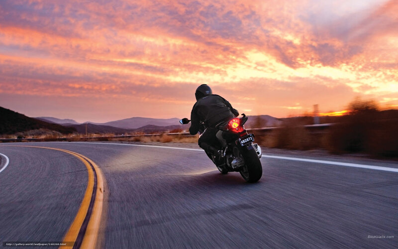Motorcycle Rider on Road — Orange, Dramatic, Sunset, Photograph, Mountains