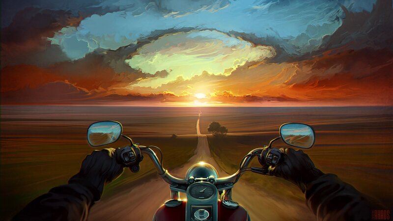 Motorcycle Rider on Road — Orange, Dramatic, Sunset