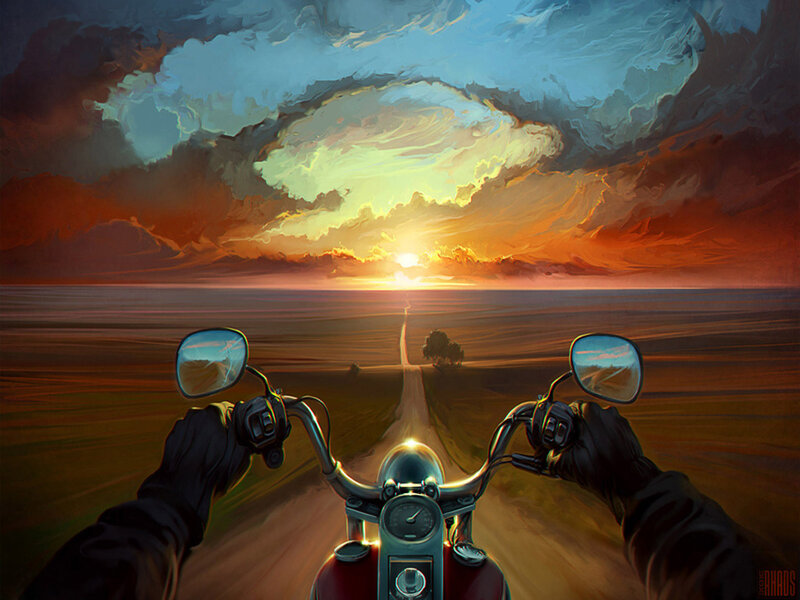 Motorcycle Rider on Road — Orange, Dramatic
