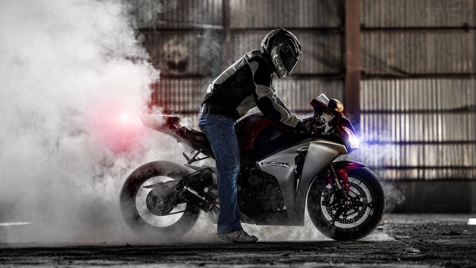 Motorcycle rider performing burnout