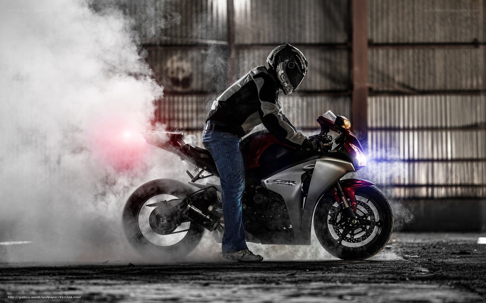 Motorcycle rider performing burnout