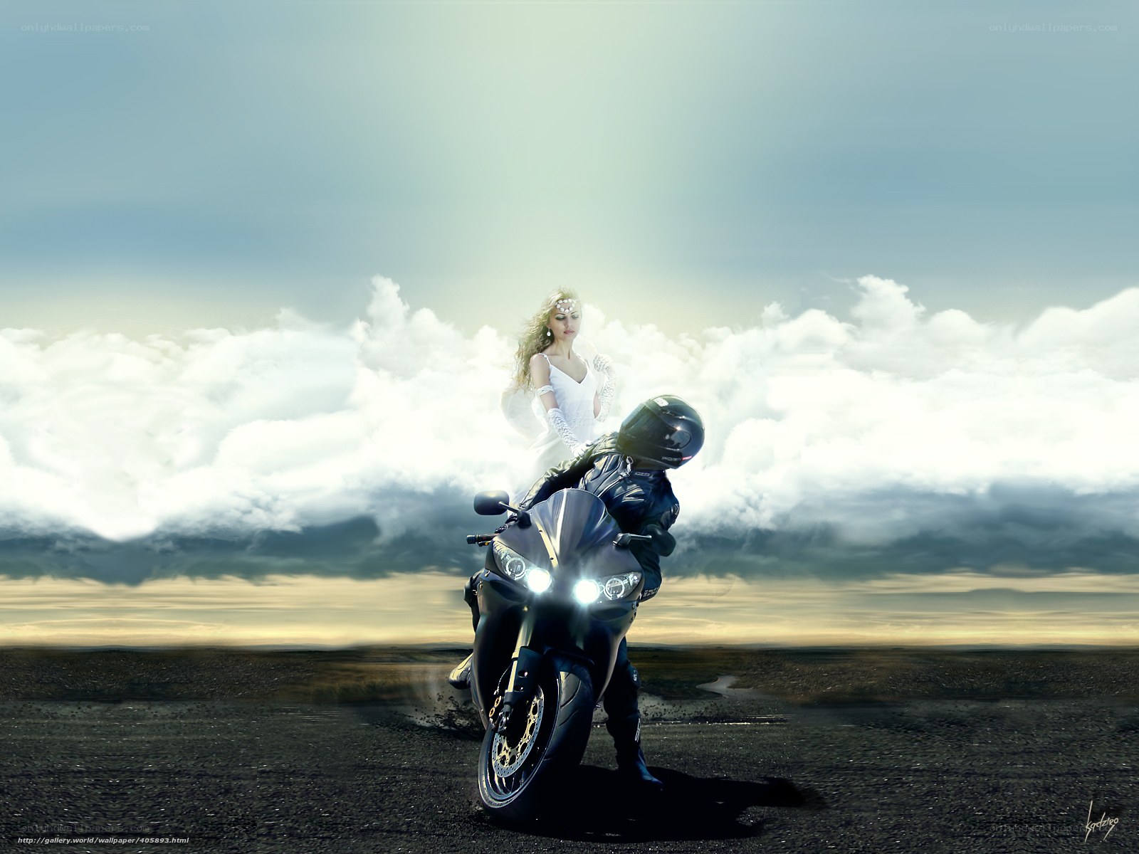 Motorcycle rider with angelic figure