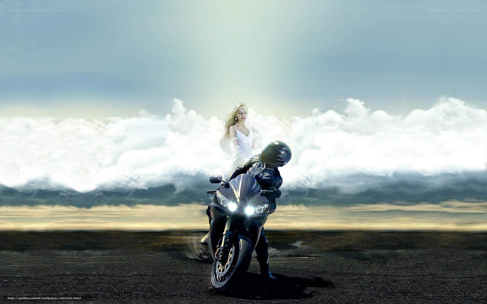Motorcycle rider with angelic figure