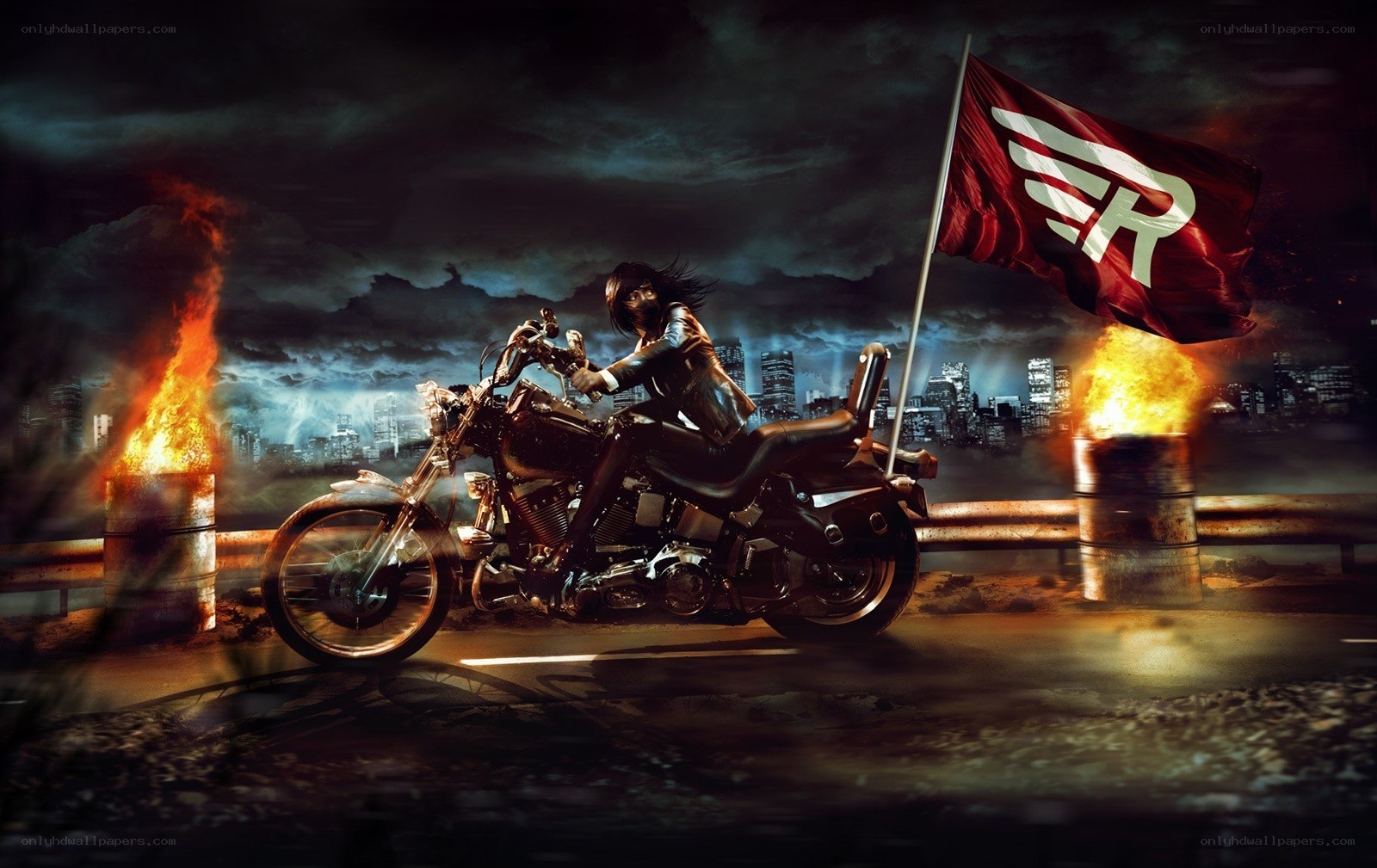 Motorcycle rider with flag at night