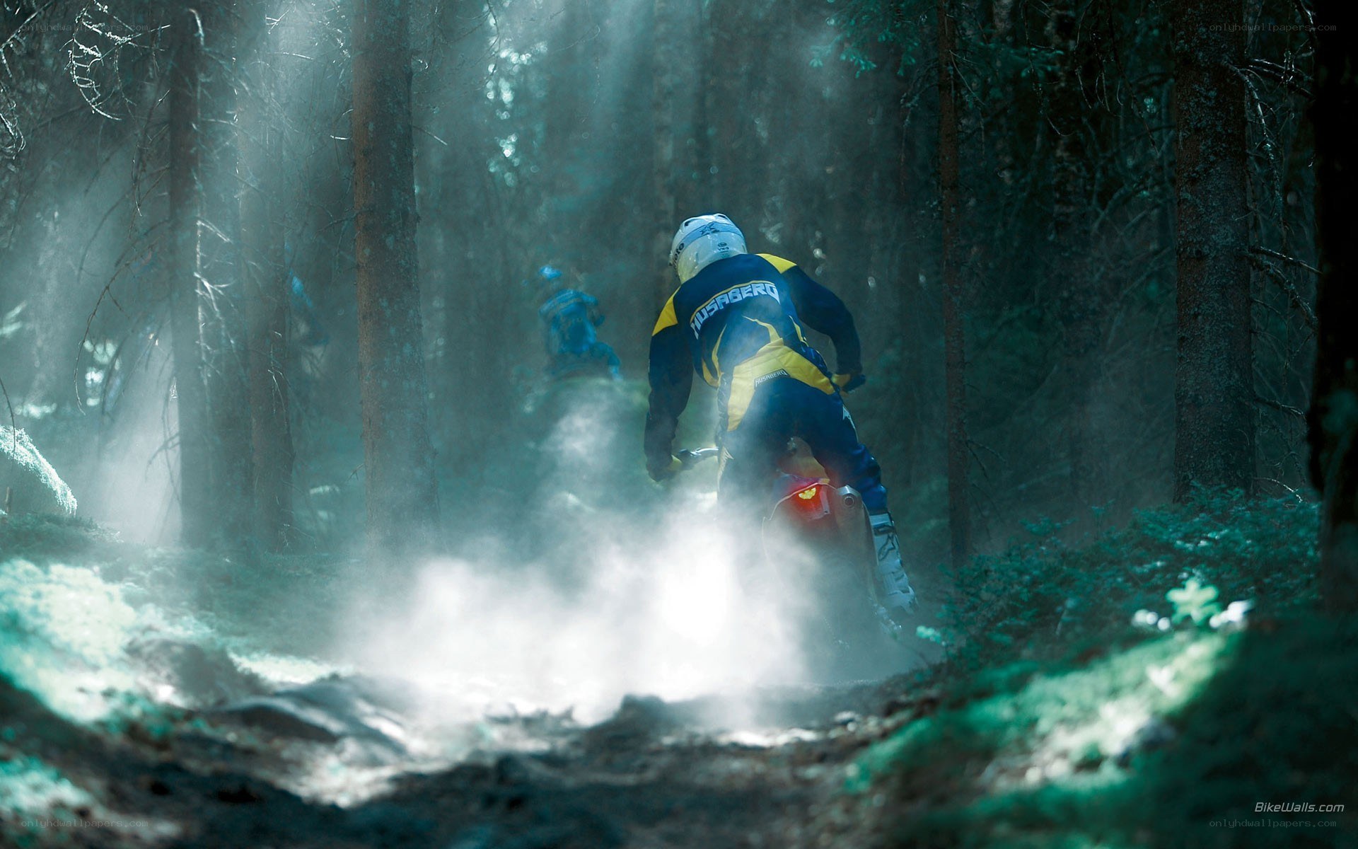 Motorcycle riders in forest