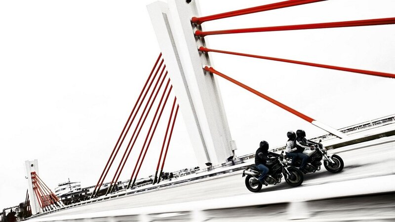 Motorcycle Riders on Bridge — White, Dynamic
