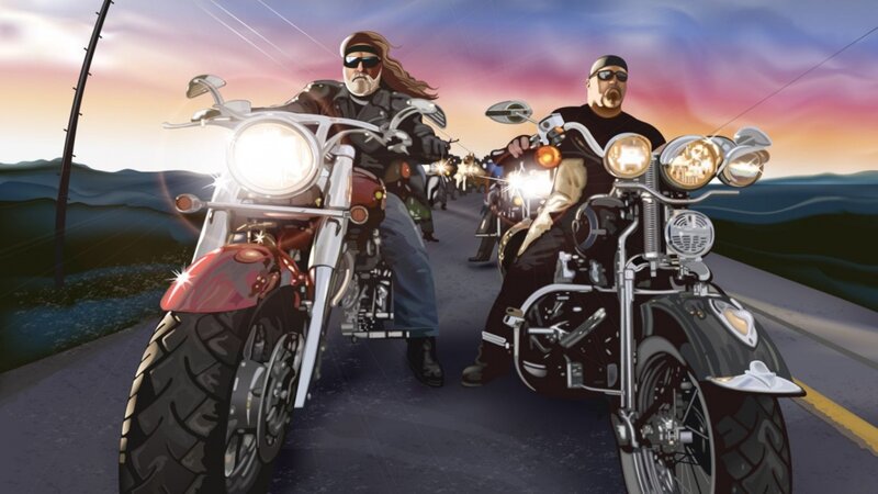 Motorcycle Riders on Road — Purple, Dramatic, Sunset, Digital Art, Motorcycles