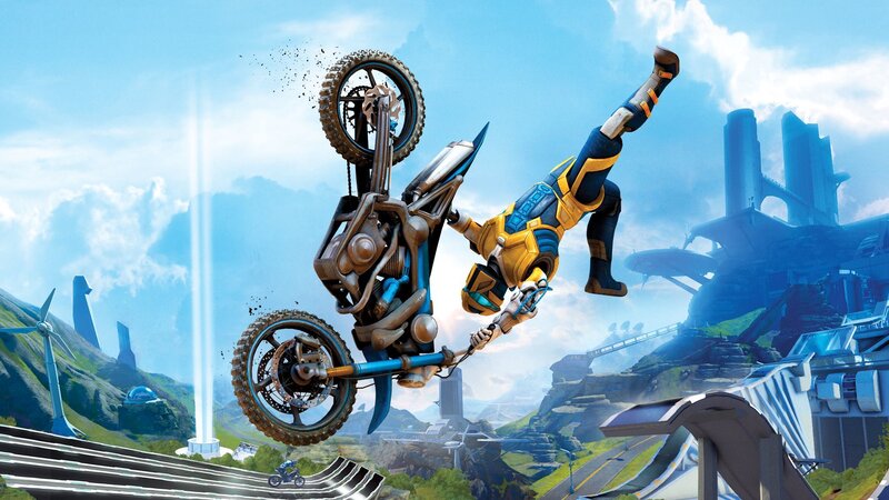 Motorcycle stunt in futuristic city