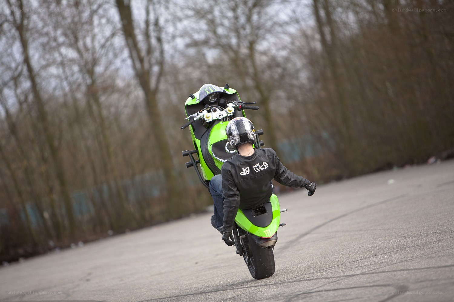 motorcycle wheelie on asphalt