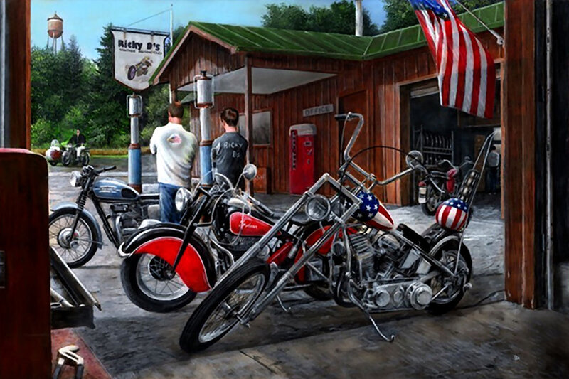 Motorcycles at a Garage