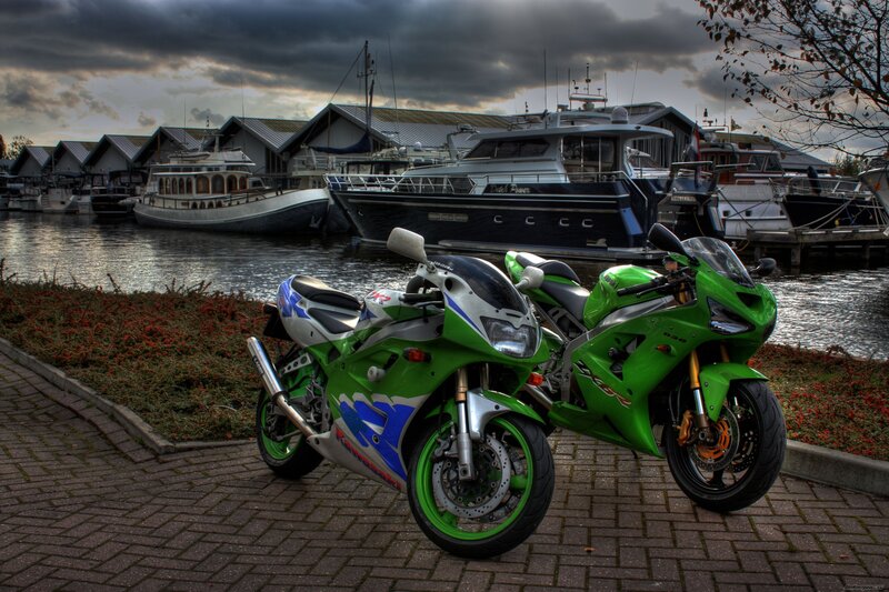 Motorcycles at a marina