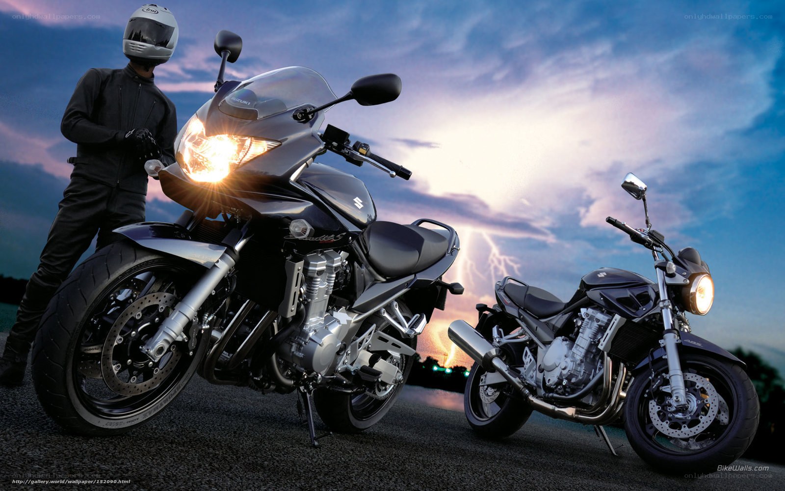 Motorcycles at sunset with rider