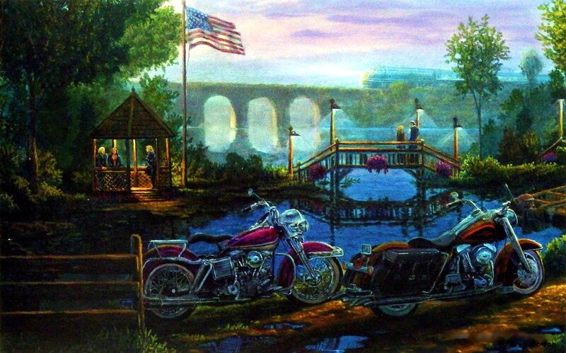 Motorcycles by a Pond