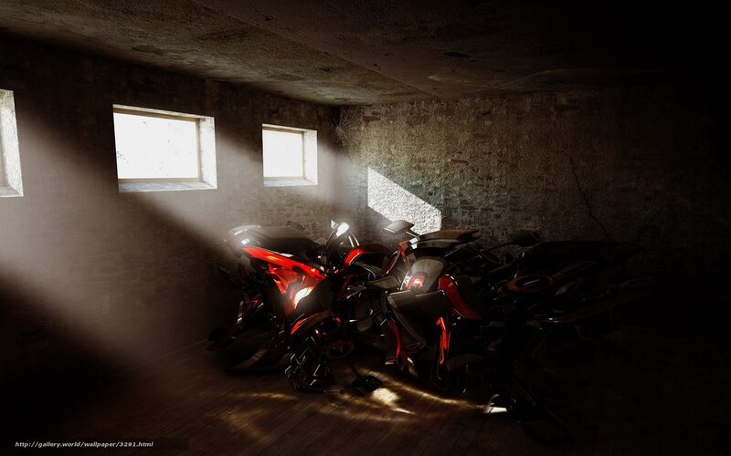 Motorcycles in a dimly lit room