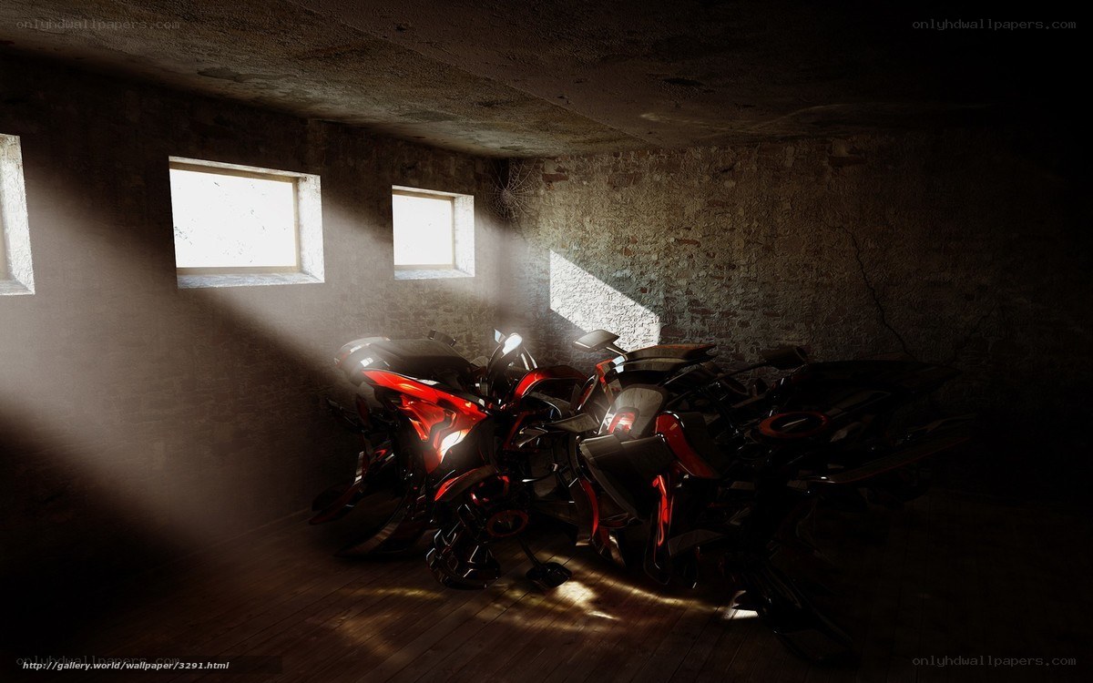 Motorcycles in a dimly lit room