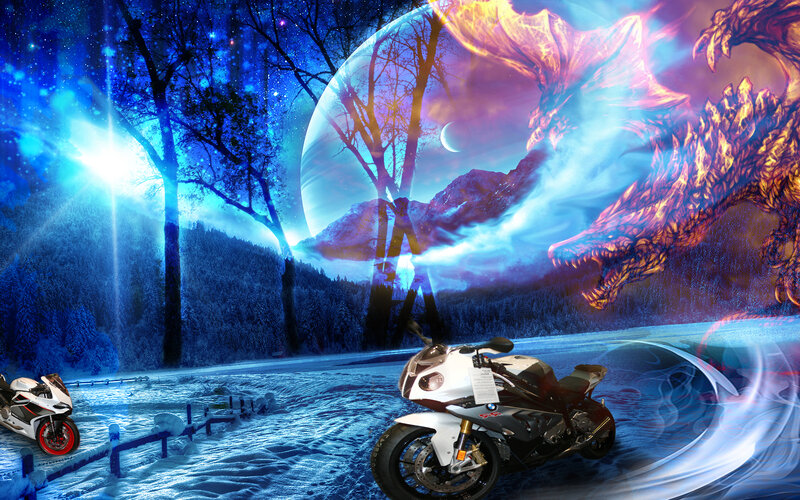 Motorcycles in Snowy Forest