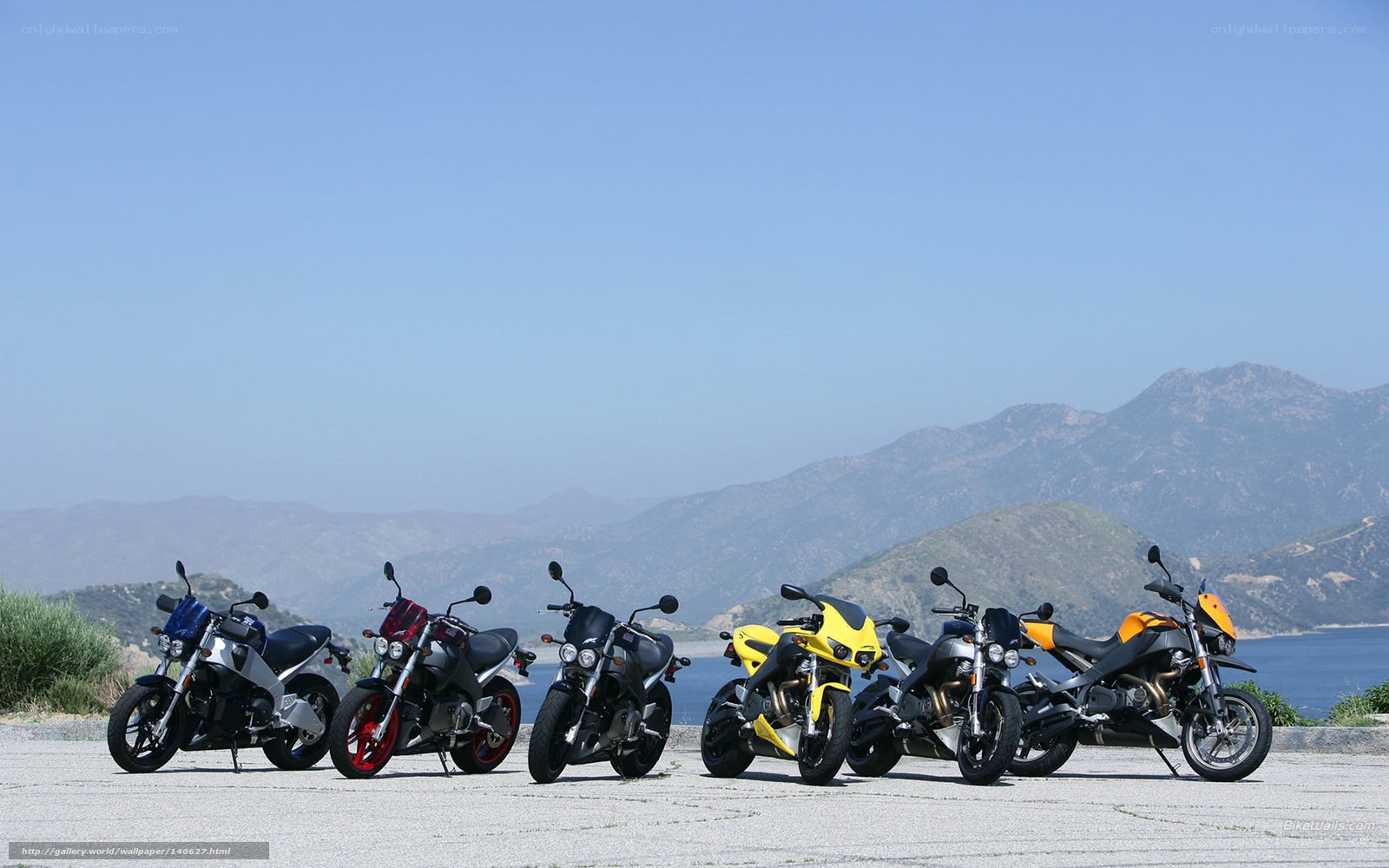 motorcycles lined up on a scenic overlook