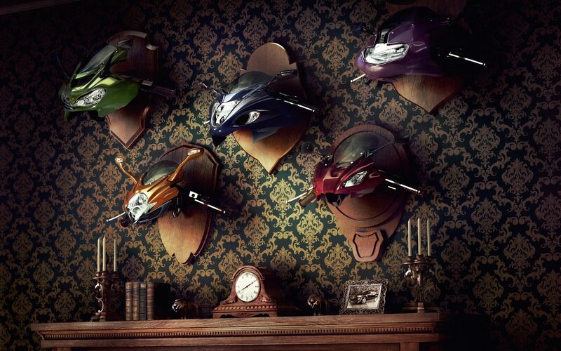 Motorcycles mounted on wall
