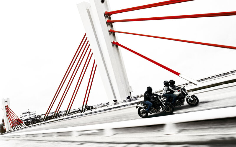 Motorcycles on a cable-stayed bridge