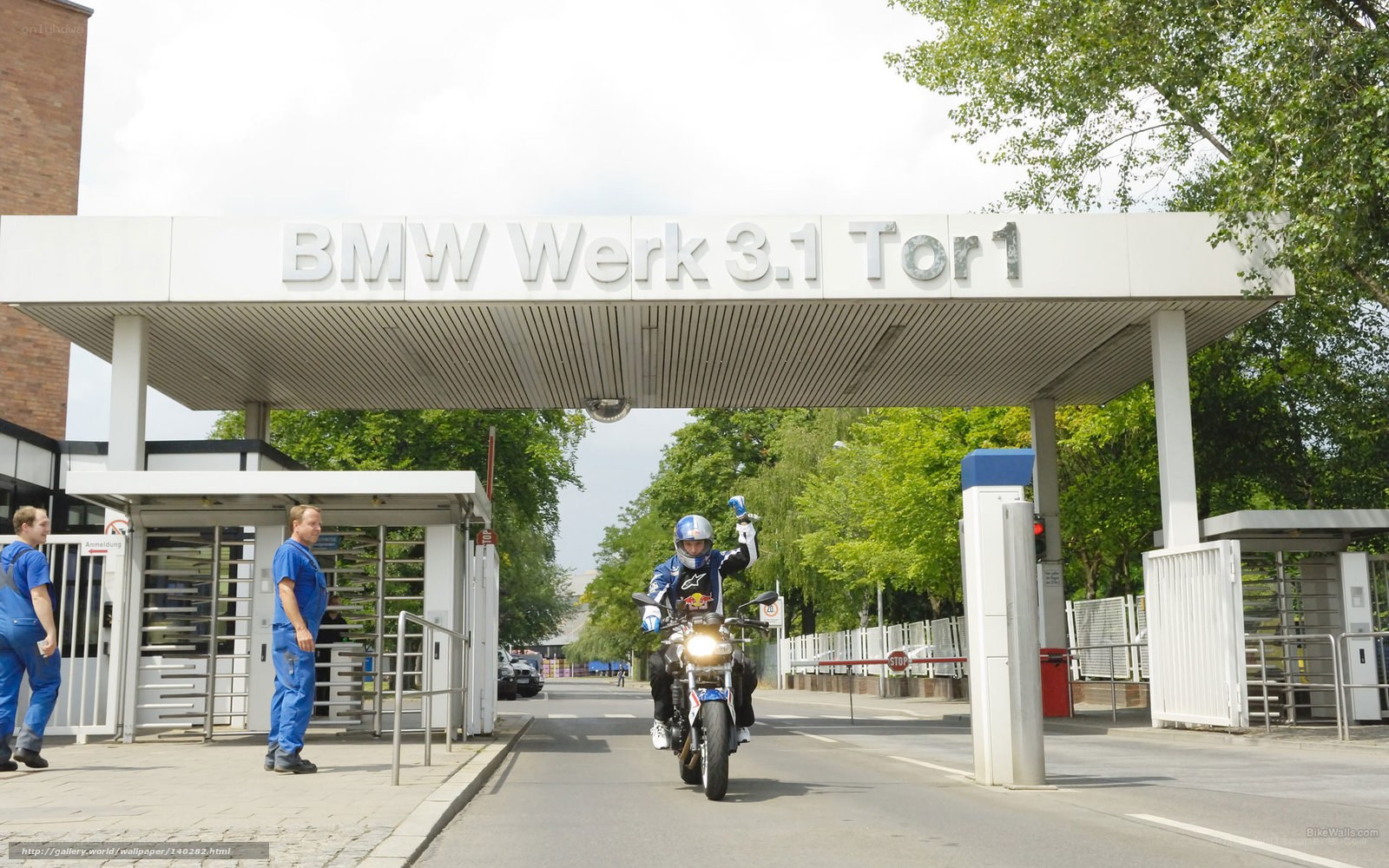 Motorcyclist at BMW factory gate