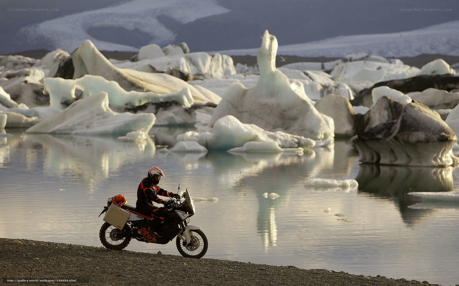 Motorcyclist at glacier lagoon