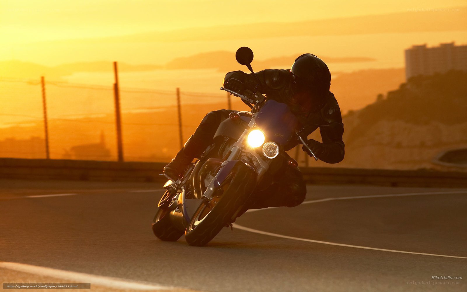 Motorcyclist at sunset on road