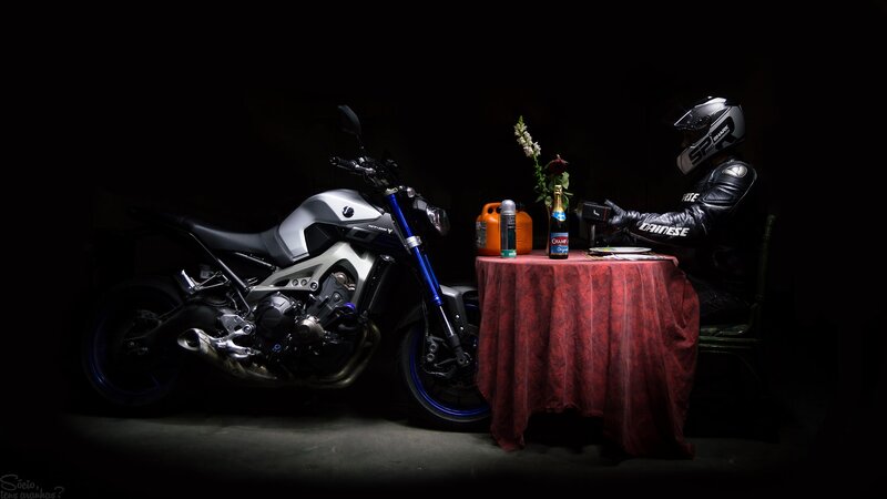 Motorcyclist at Table