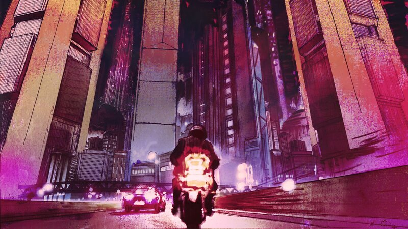 Motorcyclist in City — Purple