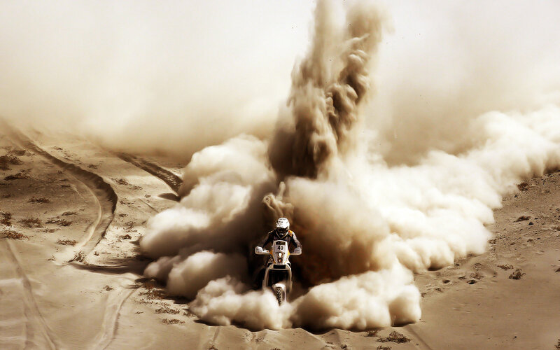 Motorcyclist in Desert — Brown, Dramatic, Afternoon