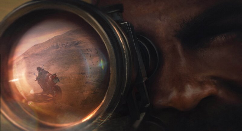 Motorcyclist in Desert — Brown, Dramatic, Sunset