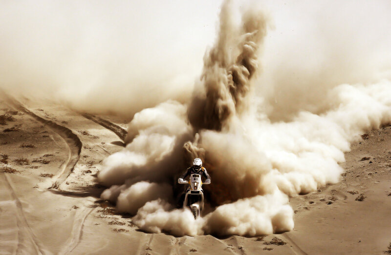 Motorcyclist in Desert — Brown, Dramatic