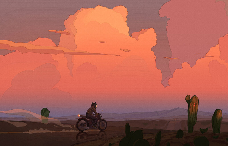 Motorcyclist in Desert — Orange, Dramatic