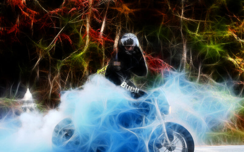 motorcyclist in forest with visual effects