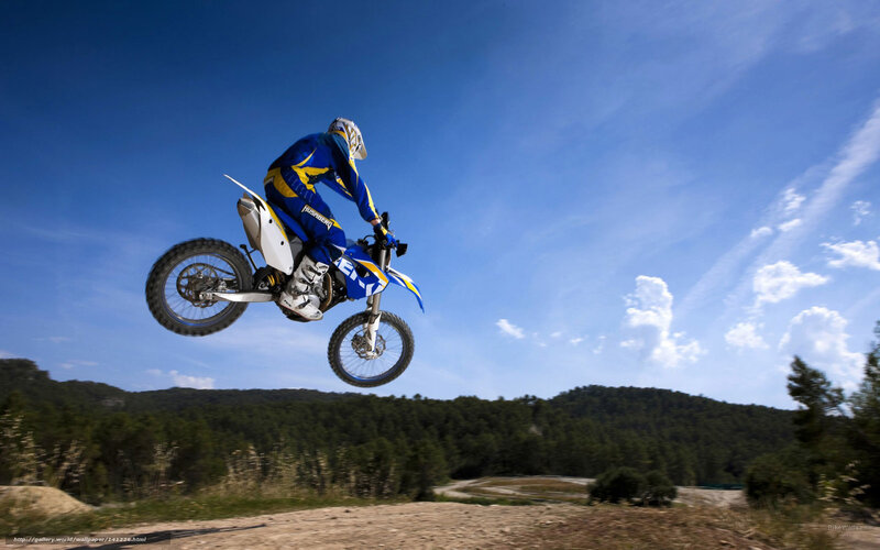 Motorcyclist in Mid-air — Blue, Dynamic, Afternoon