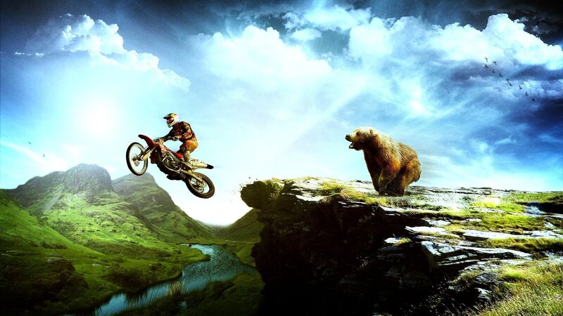 Motorcyclist jumps over bear